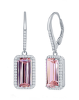 Pink Emerald-Cut Halo Drop Earrings