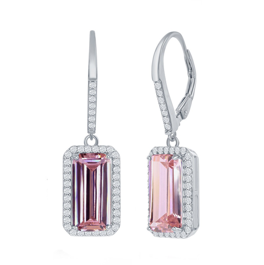 Pink Emerald-Cut Halo Drop Earrings
