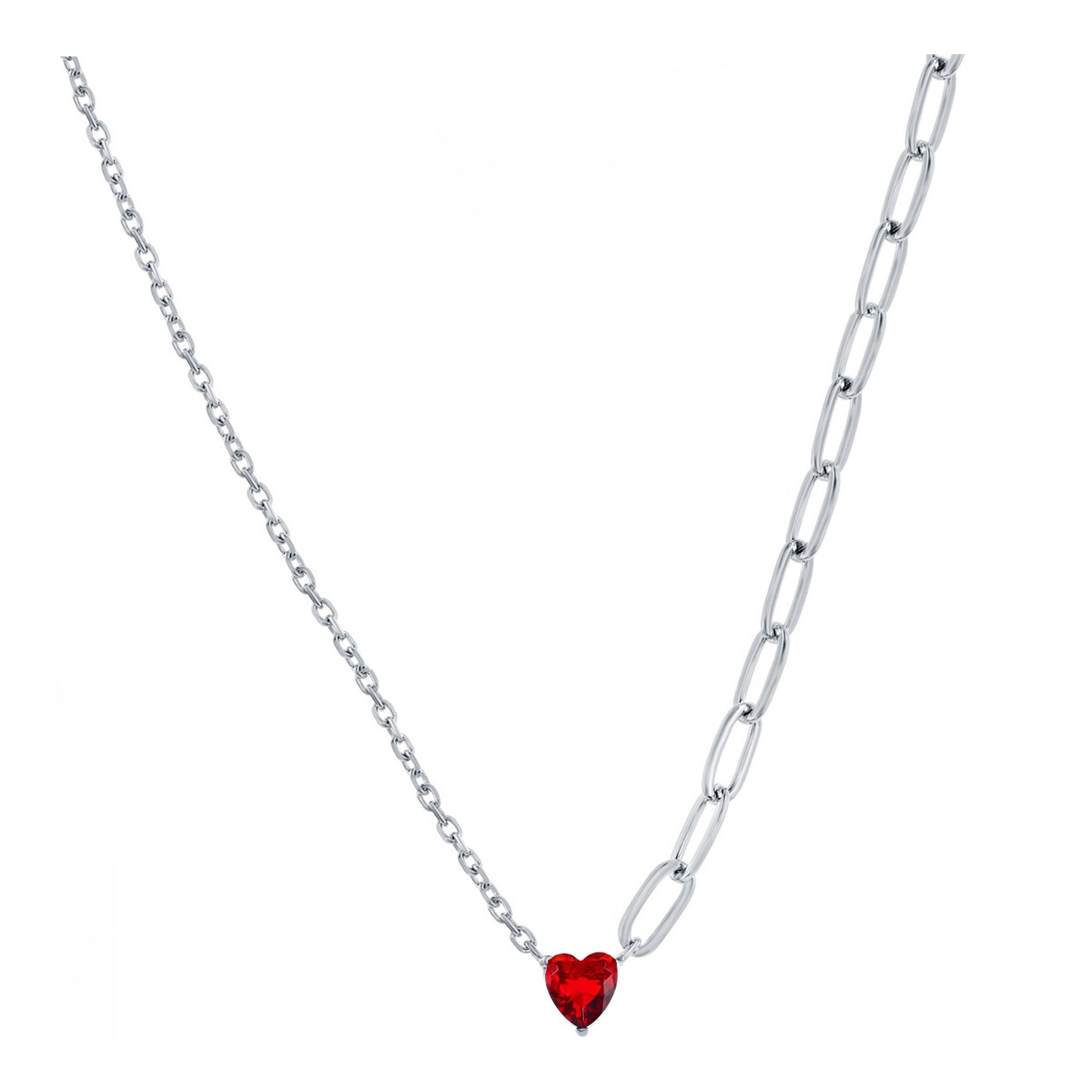 Ruby Heart Paperclip and Cable Chain Necklace