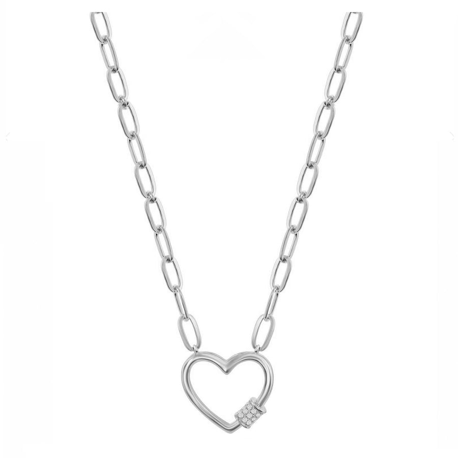 Pave Heart Link Paperclip Chain Necklace