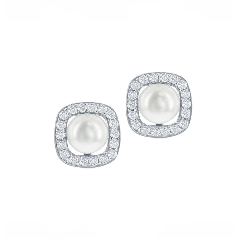 Pave Cushion Pearl Stud Earrings