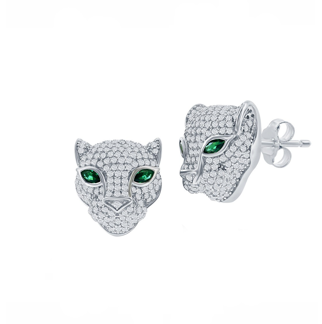 Pave Sparkle Emerald-Eye Panther Stud Earrings